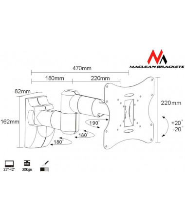 Mbajtës muri për TV/ LCD LED Plasma 23-42'' up to 30kg max vesa 200x200/e argjendtë