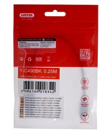 Kabllo USB 0.25 m UNITEK KABLLO USB-C - USB-A 3.1/M/M/ Y-C490BK