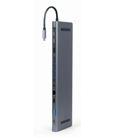 Adapter Gembird A-CM-COMBO9-01 USB Type-C 9-in-1 multi-port adapter (USB hub + HDMI + VGA + PD + card reader + LAN + 3.5 mm aud