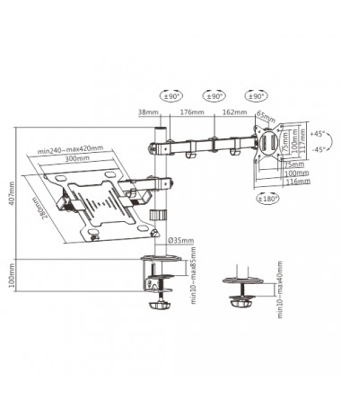 Mbajtës Gembird MA-DA-03 Adjustable desk mount me monitor arm and notebook tray (rotate/ tilt/ swivel)/ 17”-32”/ up to 9 kg