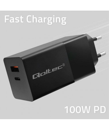 Mbushës Qoltec 52382 GaN POWER PRO | 1xUSB type C | 1xUSB A | 100W | 5-20V | 1.5-5A | PD |