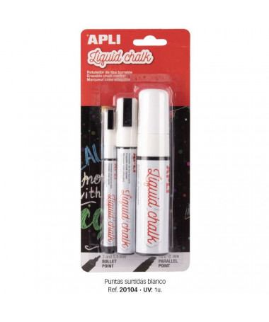 Liquid Chalk, 3 Assorted Tips White APLI
