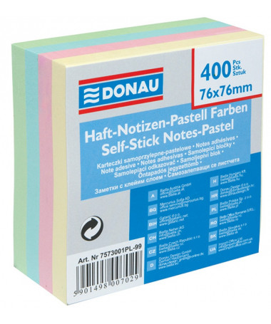 Notes vetëngjitëse kub 76 × 76 mm, 400 fletë, ngjyra pastel Donau