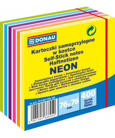 Notes vetëngjitëse kub 76 × 76 mm, 400 fletë, neon Donau